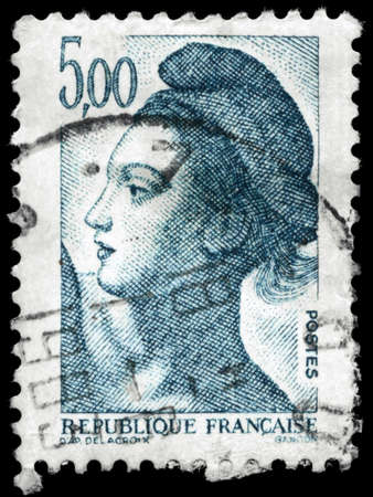FRANCE - CIRCA 1982: A Stamp printed in FRANCE shows the portrait of a Woman known as Liberty, after Eugene Delacroix (1798-1863), series, circa 1982の写真素材