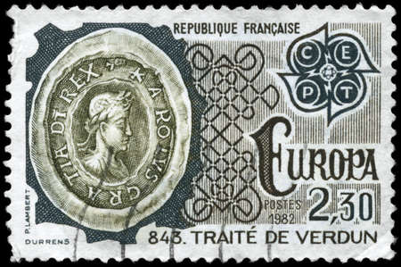 FRANCE - CIRCA 1982: A Stamp printed in FRANCE devoted to the Treaty of Verdun (August 843) which divided the Carolingian Empire and gave rise to France and Germany, circa 1982の写真素材