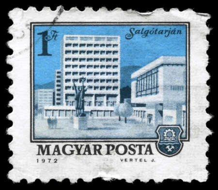 HUNGARY - CIRCA 1972: A Stamp printed in HUNGARY shows the Buildings in the city Salgotarjan, series, circa 1972の写真素材