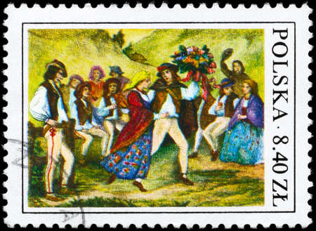 POLAND - CIRCA 1977: A Stamp printed in POLAND shows the Wedding Dance from the series "Folk Customs", circa 1977の写真素材