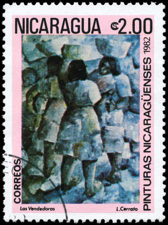 NICARAGUA - CIRCA 1982: A Stamp printed in NICARAGUA shows the painting "Street Vendors" of the artist L.Cerrato, from the series "Paintings", circa 1982の写真素材