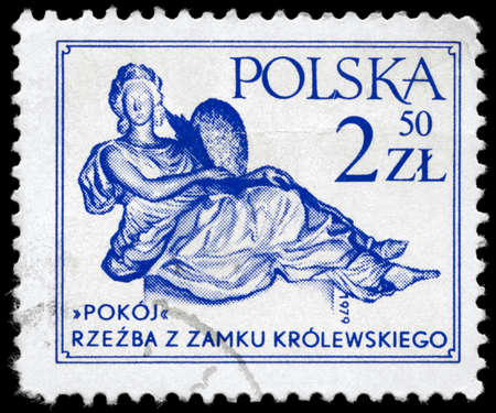 POLAND - CIRCA 1979: A Stamp printed in POLAND shows the wood sculpture of a Woman by Andrzej le Brun (1737-1811) from the Royal Castle in Warsaw, circa 1979の写真素材