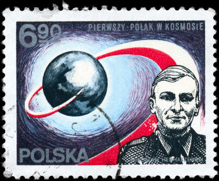 POLAND - CIRCA 1978: A Stamp printed in POLAND devoted to the first polish cosmonaut M. Hermaszewski, series, circa 1978の写真素材