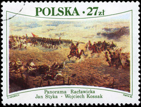 POLAND - CIRCA 1985: A Stamp printed in POLAND shows the painting "Battle of Raclawice", (April, 1794, by Jan Styka and Wojciech Kossak, 1894), circa 1985の写真素材