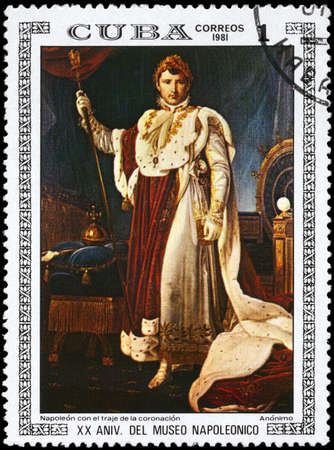 CUBA - CIRCA 1981: A Stamp printed in CUBA shows the Napoleon in Coronation Costume, anonymous, from the series Paintings in the Napoleon Museum, circa 1981のeditorial素材