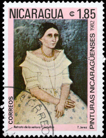 NICARAGUA - CIRCA 1982: A Stamp printed in NICARAGUA shows the "Portrait of Mrs. Castellon", by T. Jerez, from the series "Paintings", circa 1982の写真素材