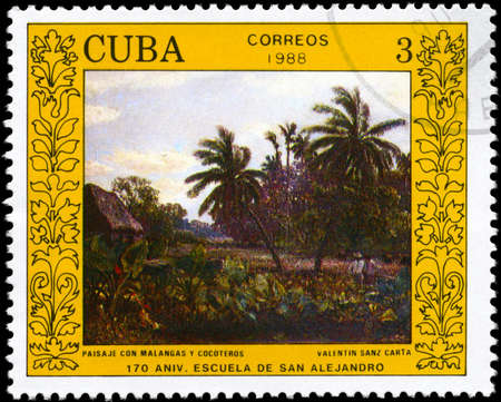 CUBA - CIRCA 1988: A Stamp printed in CUBA shows the "Landscape with Malangas and Palm Trees", by Valentin Sanz Carta, from the series "San Alejandro Art School, 170th Anniv.", circa 1988の写真素材