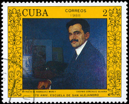 CUBA - CIRCA 1988: A Stamp printed in CUBA shows the portrait of Rodriguez Morey, by Eugenio Gonzalez Olivera, from the series "San Alejandro Art School, 170th Anniv.", circa 1988の写真素材