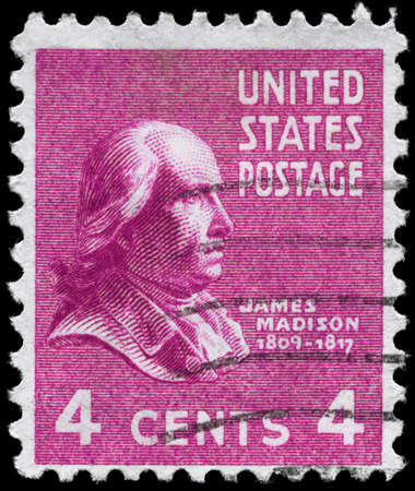 USA - CIRCA 1938: A Stamp printed in USA shows the portrait of a James Madison (1751-1836), series, circa 1938のeditorial素材
