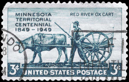 USA - CIRCA 1949: A Stamp printed in USA shows the Pioneer and Red River Oxcart, Minnesota Territory...