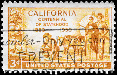 USA - CIRCA 1950: A Stamp printed in USA shows the Gold Miner, Pioneers, and S.S. Oregon, devoted to California Statehood Centenary, circa 1950のeditorial素材