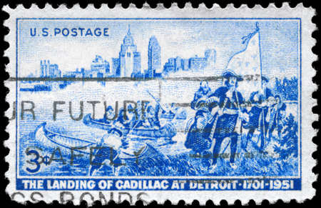 USA - CIRCA 1951: A Stamp printed in USA devoted to 250th anniv. of the landing of Antoine de la Mothe Cadillac at Detroit, circa 1951のeditorial素材