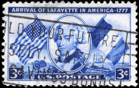 USA - CIRCA 1952: A Stamp printed in USA devoted to Arrival of Lafayette (1757-1834) in America,...
