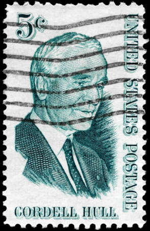 USA - CIRCA 1963: A Stamp printed in USA shows the portrait of a Cordell Hull (1871-1955), Secretary of State, circa 1963のeditorial素材
