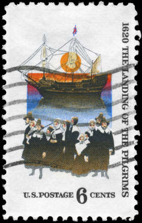 USA - CIRCA 1970: A Stamp printed in USA shows the Mayflower & Pilgrims, devoted to Mayflower...