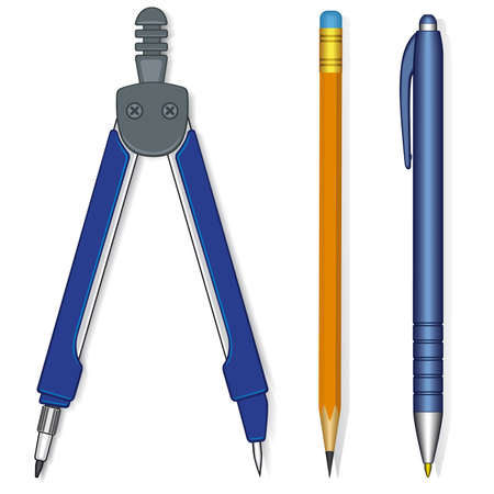 Pen, Pencil and Compasses isolated on white backgroundのイラスト素材