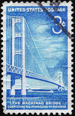 USA - CIRCA 1958: A Stamp printed in USA shows Mackinac Bridge, familiarly known as "Big Mac" and "Mighty Mac", circa 1958の写真素材