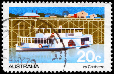 AUSTRALIA - CIRCA 1979: A Stamp printed in AUSTRALIA shows the Passenger Steamer Canberra, Ferries and Murray River Steamers series, circa 1979の写真素材