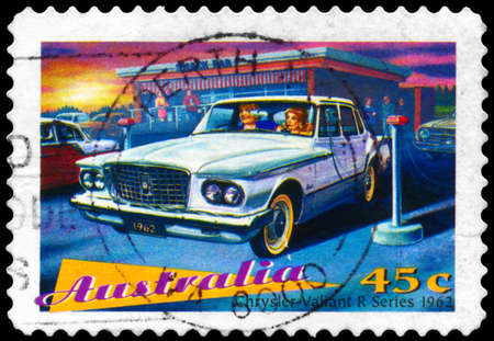 AUSTRALIA - CIRCA 1997: A Stamp printed in AUSTRALIA shows the Chrysler Valiant R series, 1962, Classic cars series, circa 1997のeditorial素材