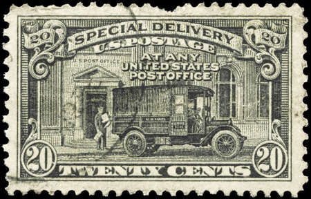 USA - CIRCA 1925: A Stamp printed in USA shows the Postman and Post Office Truck, Special Delivery issue, circa 1925のeditorial素材
