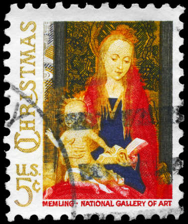 USA - CIRCA 1966: A Stamp printed in USA shows the fragment from âMadonna and Child with Angelsâ, by the Flemish artist Hans Memling (1430-1494), National Gallery of Art, Washington, circa 1966のeditorial素材
