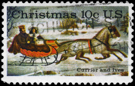 USA - CIRCA 1974: A Stamp printed in USA shows the "Road-Winter", by Currier and Ives, circa 1974の写真素材