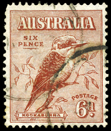 AUSTRALIA - CIRCA 1932: A Stamp printed in AUSTRALIA shows the Kookaburra, circa 1932のeditorial素材