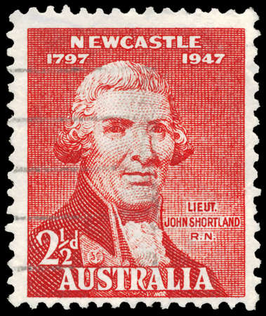 AUSTRALIA - CIRCA 1947: A Stamp printed in AUSTRALIA shows the portrait of a John Shortland, 150th anniversery of the discovery of the Hunter River estuary, site of Newcastle, circa 1947のeditorial素材