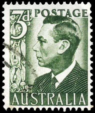 AUSTRALIA - CIRCA 1951: A Stamp printed in AUSTRALIA shows the portrait of a King George VI, series, circa 1951のeditorial素材