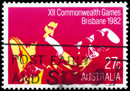 AUSTRALIA - CIRCA 1982: A Stamp printed in AUSTRALIA shows the Boxing, 12th Commonwealth Games, Brisbane, series, circa 1982のeditorial素材