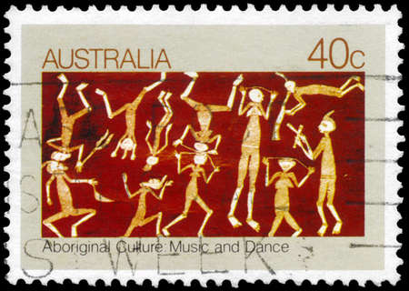 AUSTRALIA - CIRCA 1982: A Stamp printed in AUSTRALIA shows the Music and Dance of the Mimi Spirits, by Lofty Nabardayal, Aboriginal Bark Paintings series, circa 1982のeditorial素材
