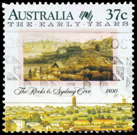 AUSTRALIA - CIRCA 1988: A Stamp printed in AUSTRALIA shows the Rocks and Sydney Cove, 1800, an...