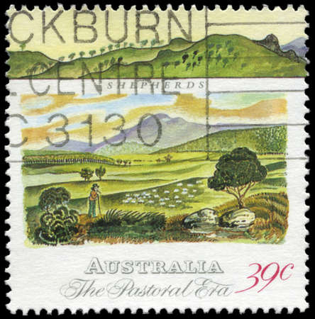 AUSTRALIA - CIRCA 1989: A Stamp printed in AUSTRALIA shows the Shepherds, Pastoral Era series, circa 1989のeditorial素材