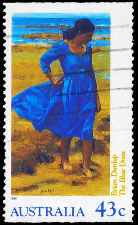 AUSTRALIA - CIRCA 1990: A Stamp printed in AUSTRALIA shows the Blue Dress by Brian Dunlop, circa 1990のeditorial素材