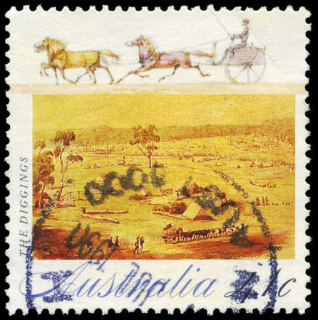 AUSTRALIA - CIRCA 1990: A Stamp printed in AUSTRALIA shows the Digging, Gold Rush series, circa 1990