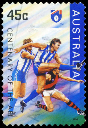 AUSTRALIA - CIRCA 1996: A Stamp printed in AUSTRALIA shows the North Melbourne Kangaroos, Centenary of the AFL series, circa 1996のeditorial素材