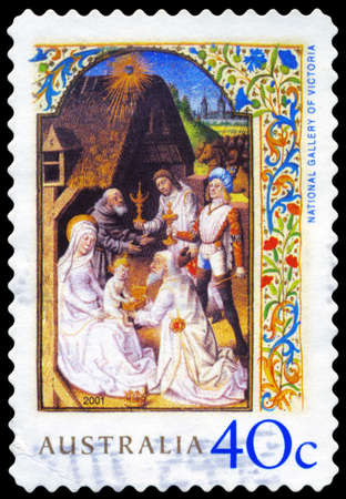 AUSTRALIA - CIRCA 2001: A Stamp printed in AUSTRALIA shows the "Adoration of the Magi", by Maitre Francois, Christmas series, circa 2001のeditorial素材