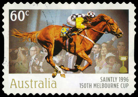 AUSTRALIA - CIRCA 2010: A Stamp printed in AUSTRALIA shows the Saintly, 1896 Winner, 150th Melbourne Cup issue, circa 2010のeditorial素材