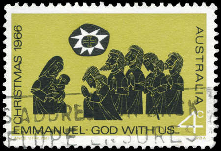 AUSTRALIA - CIRCA 1966: A Stamp printed in AUSTRALIA shows the Adoration of the Shepherds, Christmas issue, circa 1966のeditorial素材