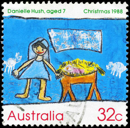 AUSTRALIA - CIRCA 1988: A Stamp printed in AUSTRALIA shows the Nativity Scene, by Danielle Hush, age 7, Childrenâs design contest winning drawings series, circa 1988のeditorial素材