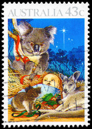AUSTRALIA - CIRCA 1990: A Stamp printed in AUSTRALIA shows the Nativity, Christmas series, circa 1990のeditorial素材