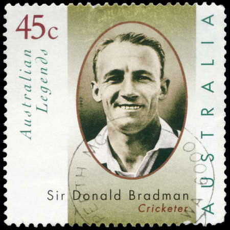 AUSTRALIA - CIRCA 1997: A Stamp printed in AUSTRALIA shows the portrait of a Sir Donald Bradman...