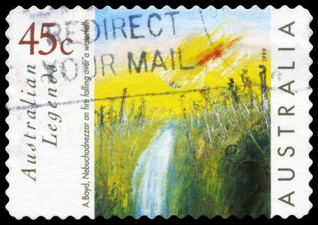 AUSTRALIA - CIRCA 1999: A Stamp printed in AUSTRALIA shows the "Nebuchadnezzar on Fire Falling over a Waterfall,â by Arthur Boyd, Australian Legends series, circa 1999のeditorial素材