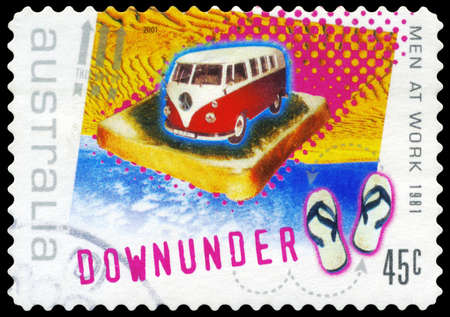 AUSTRALIA - CIRCA 2001: A Stamp printed in AUSTRALIA shows the Image for the Song "Down Under", by Men at Work (1981), Rock Music series, circa 2001のeditorial素材
