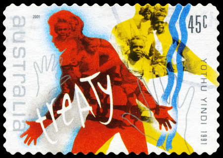 AUSTRALIA - CIRCA 2001: A Stamp printed in AUSTRALIA shows the Image for the Song "Treaty", by Yothu Yindi (1991), Rock Music series, circa 2001のeditorial素材