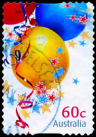 AUSTRALIA - CIRCA 2010: A Stamp printed in AUSTRALIA shows the Three balloons, Christmas issue, circa 2010のeditorial素材