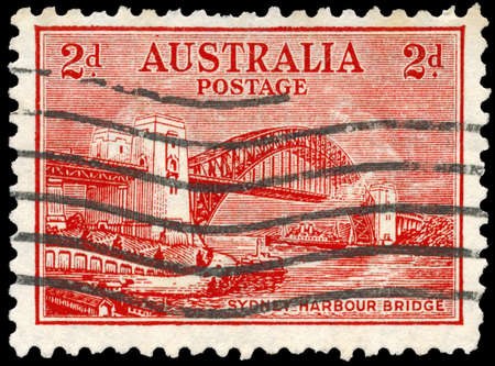 AUSTRALIA - CIRCA 1932: A Stamp sheet printed in AUSTRALIA shows the Sydney Harbour Bridge, Opening issue, circa 1932の写真素材