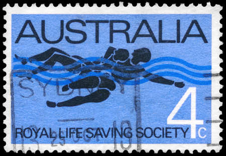AUSTRALIA - CIRCA 1966: A Stamp printed in AUSTRALIA shows the Rescue, Royal Life Saving Society, 75th anniversary, circa 1966の写真素材