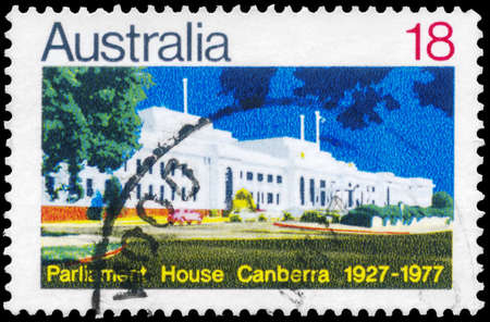 AUSTRALIA - CIRCA 1977: A Stamp sheet printed in AUSTRALIA shows the Parliament House, Canberra, 50th Anniversary of Opening, circa 1977の写真素材