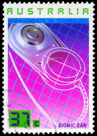 AUSTRALIA - CIRCA 1987: A Stamp printed in AUSTRALIA shows the Bionic Ear, Achievements Technology series, circa 1987の写真素材
